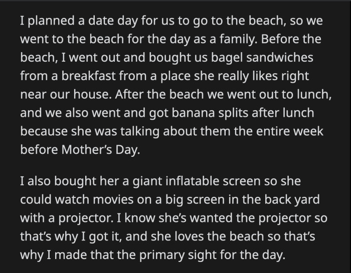 For contrast, OP shared what he did for Mother's Day to make his wife feel special