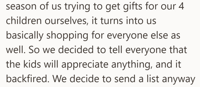 Hoping to ease the load, they told everyone any gift was fine, but that plan fell apart fast.