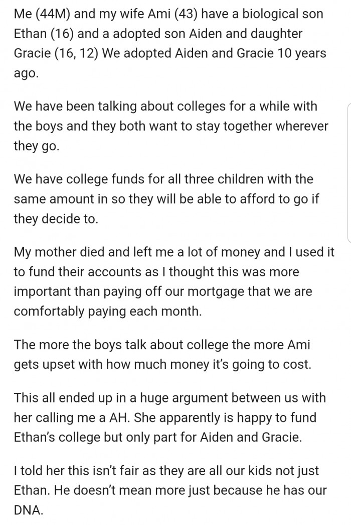 OP explained that he and his wife adopted two kids 10 years ago. But now, his wife's attitude has changed towards them.