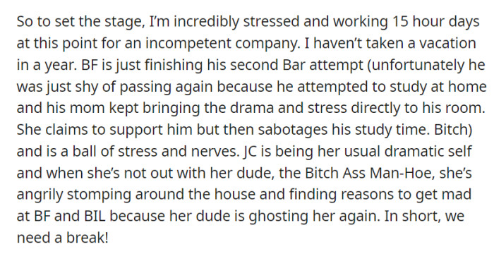 OP is overwhelmed with work, their boyfriend is stressed due to a Bar exam retake and family drama, and their housemate JC's relationship drama is adding to the chaos, leaving them all in desperate need of a break.