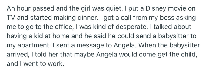 OP had to leave Angela’s child with a babysitter and zoom off to work