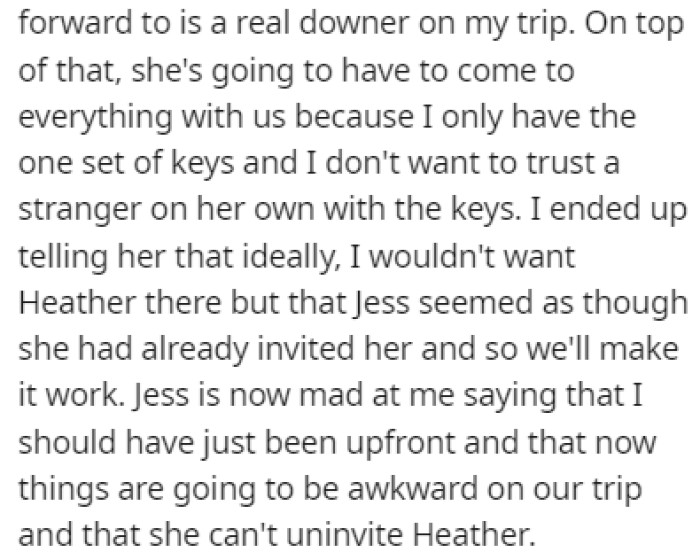 Jess is now mad at OP because it's going to be awkward now