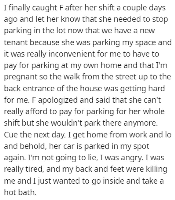 OP finally managed to catch F after her shift