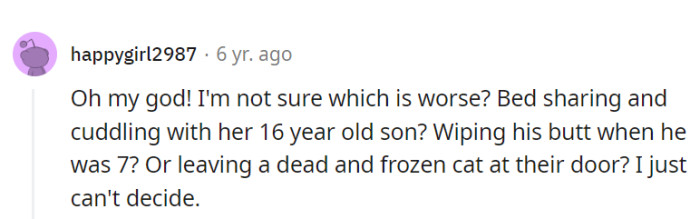 Angela's parenting choices are a three-ring circus of unconventional practices—bed sharing, butt wiping, and frozen cat deliveries. Quite the show!