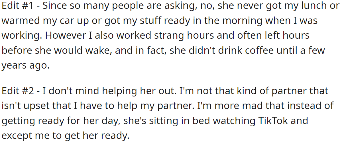 The OP added an edit and explained he doesn't mind helping her, but her irresponsibility