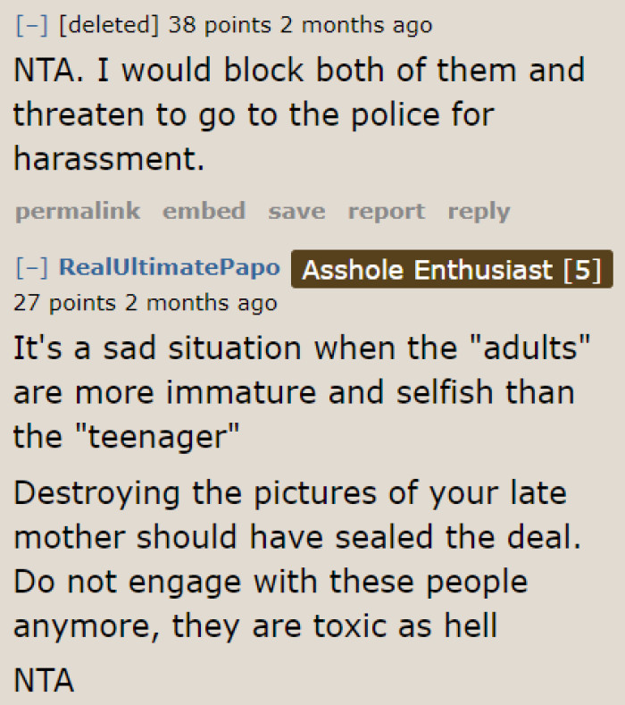 It's time for the OP to block these people out of her life.