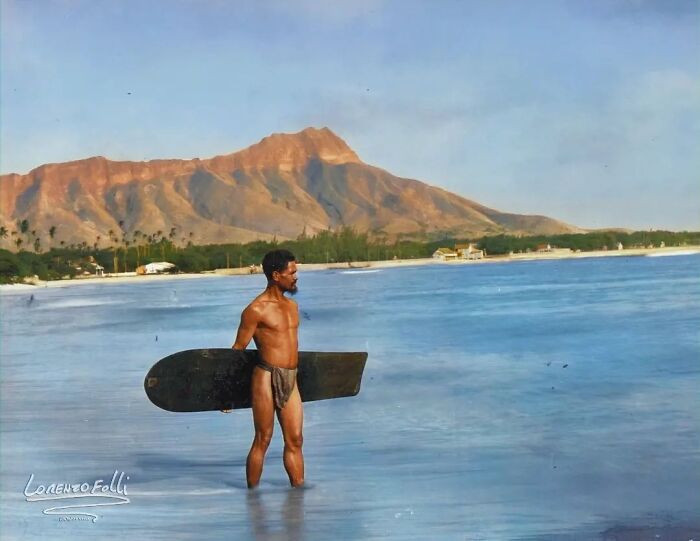 16. Hawaiian Surfer, Charles Kauha, Carrying An Alaia, A Surfboard Ridden In Pre-20th Century Hawaii, At Waikiki Beach In 1898