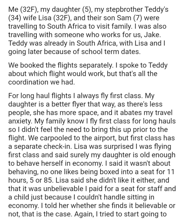 The OP's family know she flies first class for long hauls so she didn't feel the need to bring this up