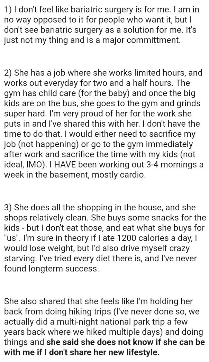 The OP Lists Why He Struggles with Losing Weight, as His Wife Doesn't See Him Putting in the Effort