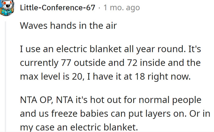 A Redditor explained they use an electric blanket all year round.