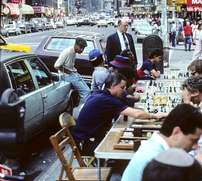 Playing Chess On Broadway, NYC At The Corner Of Broadway And West 49th Street In Midtown Manhattan, August 1986