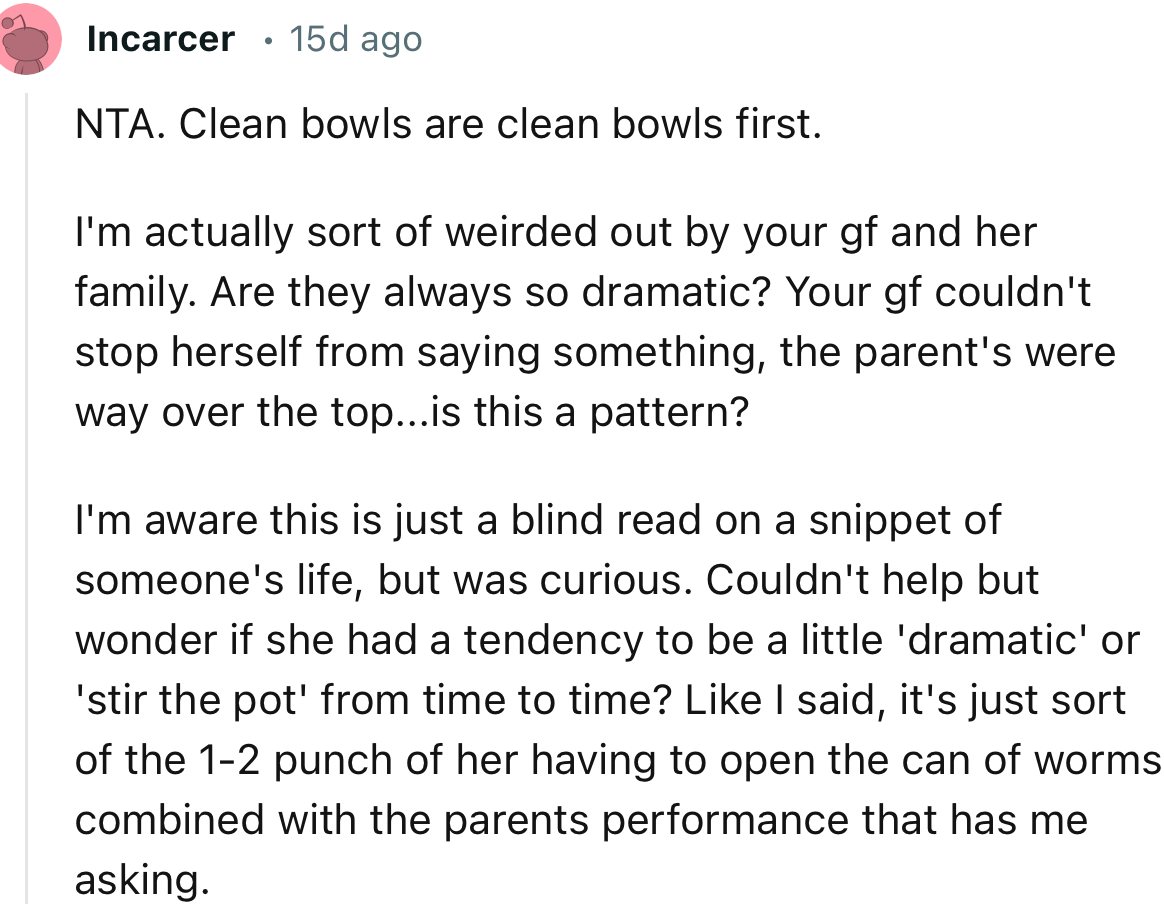 “NTA. Your gf couldn't stop herself from saying something; the parents were way over the top.”