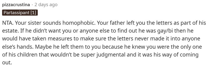 People immediately flocked to the comments to let OP know that he was NTA and that his family doesn't seem supportive of anyone, including their father being gay.