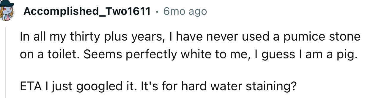 “In all my thirty-plus years, I have never used a pumice stone on a toilet.”