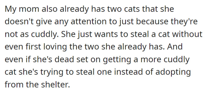 Neglecting her two less cuddly cats, her mom aims to steal a more affectionate cat instead of adopting from a shelter.