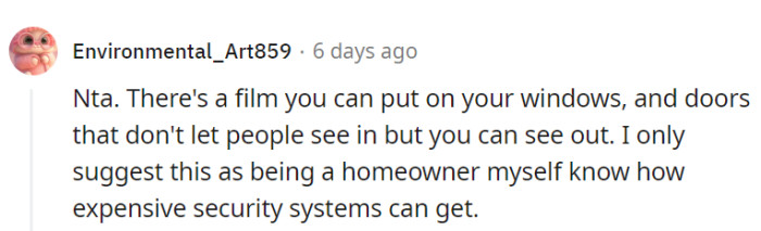 A privacy film for windows and doors could be a cost-effective solution to maintain her privacy without the need for an expensive security system.