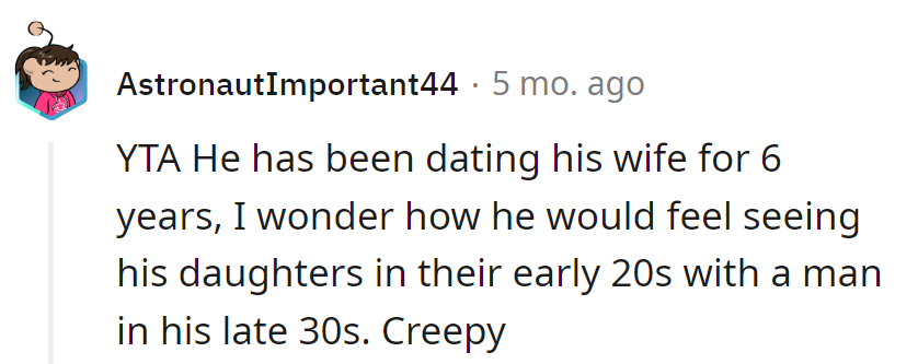 Flipped age script: imagined daughters in 20s with a late 30s guy—cue creepy vibes. Lesson: Age-check before wisdom drops.