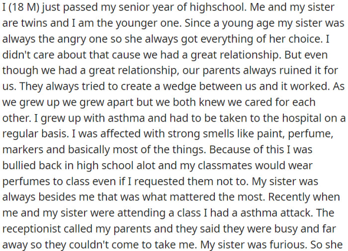 OP and his twin sister had a close relationship, but their parents' actions created a divide between them