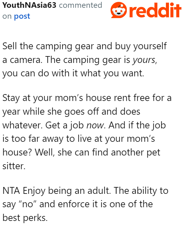 The camping gear is technically the OP's. So she can do whatever she wants with it — even if that means selling it.