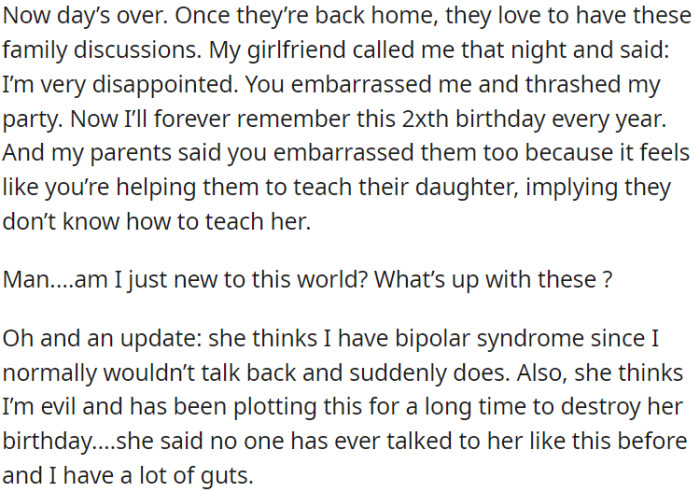 After the party, OP's girlfriend and her parents were upset with OP.