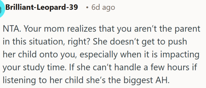 Mothers should not sacrifice their older child’s future for a few hours of quiet