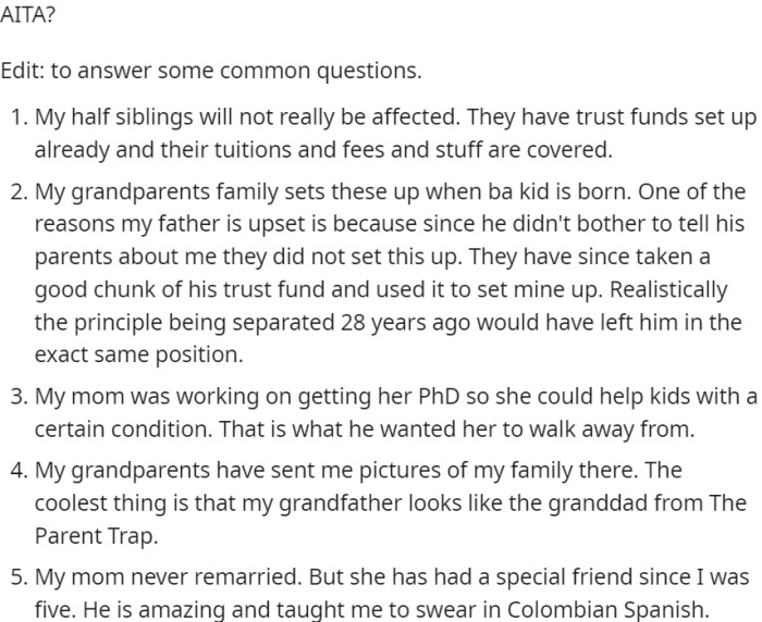 OP's half-siblings are financially secure, while their father is upset about the lack of a trust fund