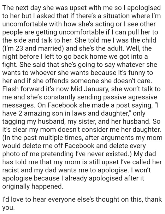 OP's dad has told her that her mom is still upset she called her racist