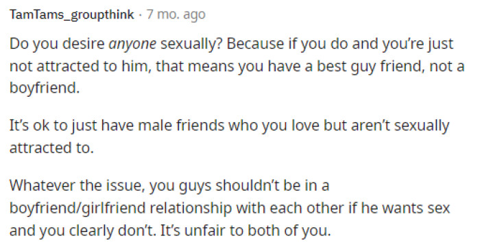 This person articulated it well because it is unfair to both of them, and if neither wants to change, then it will continue this way.