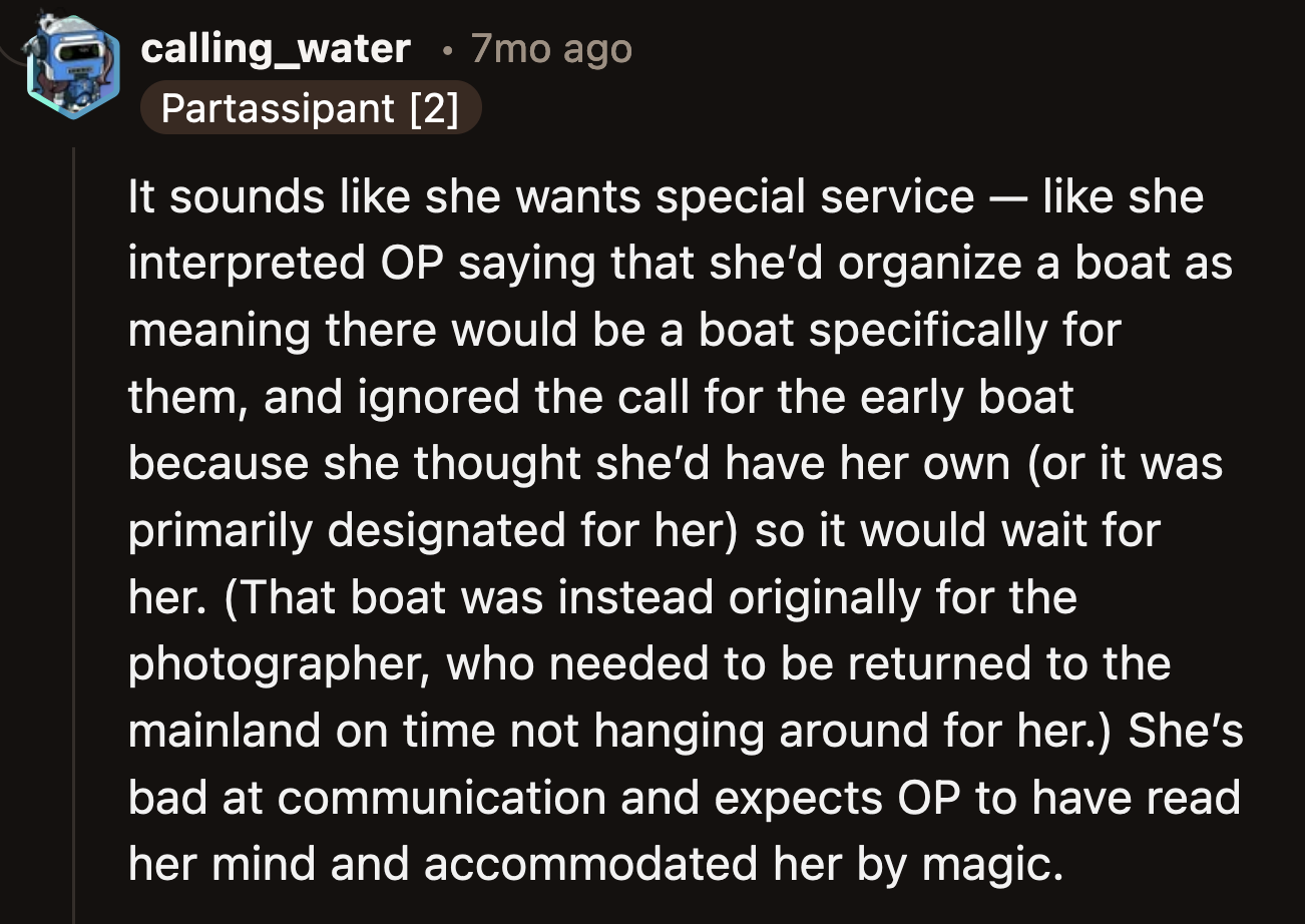 OP did her enough favors when she secured the boat for her family. The rest was not the bride's responsibility.