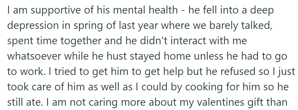 OP supported her partner through deep depression last spring, caring for him and encouraging professional help despite his initial refusal.