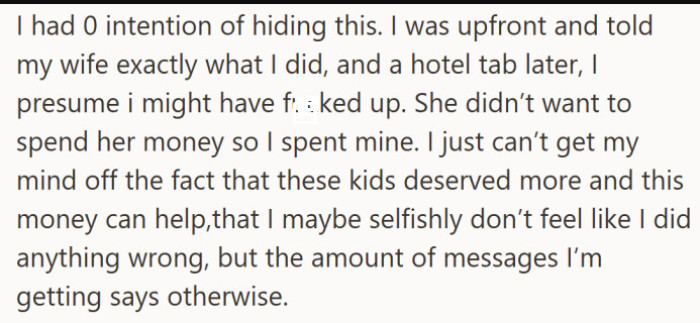 He is honest about the check, his wife is furious, and he ends up paying for a hotel. Now he is torn between his conviction and the backlash piling up in his inbox.