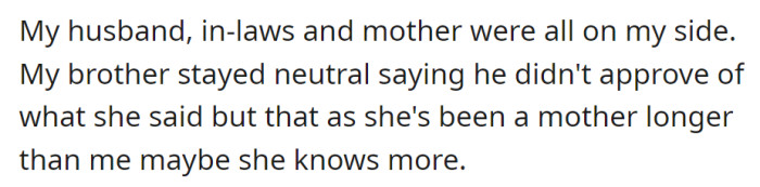 Husband, in-laws, and mother supported OP; brother stayed neutral, acknowledging disapproval but suggesting the girlfriend's experience as a longer-term mother.