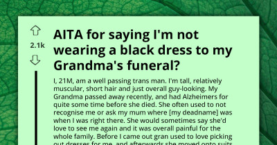 Redditors Support Trans Man for Dumping Cousin's Ridiculous View and Wearing What Late Grandma Bought Them to Her Funeral