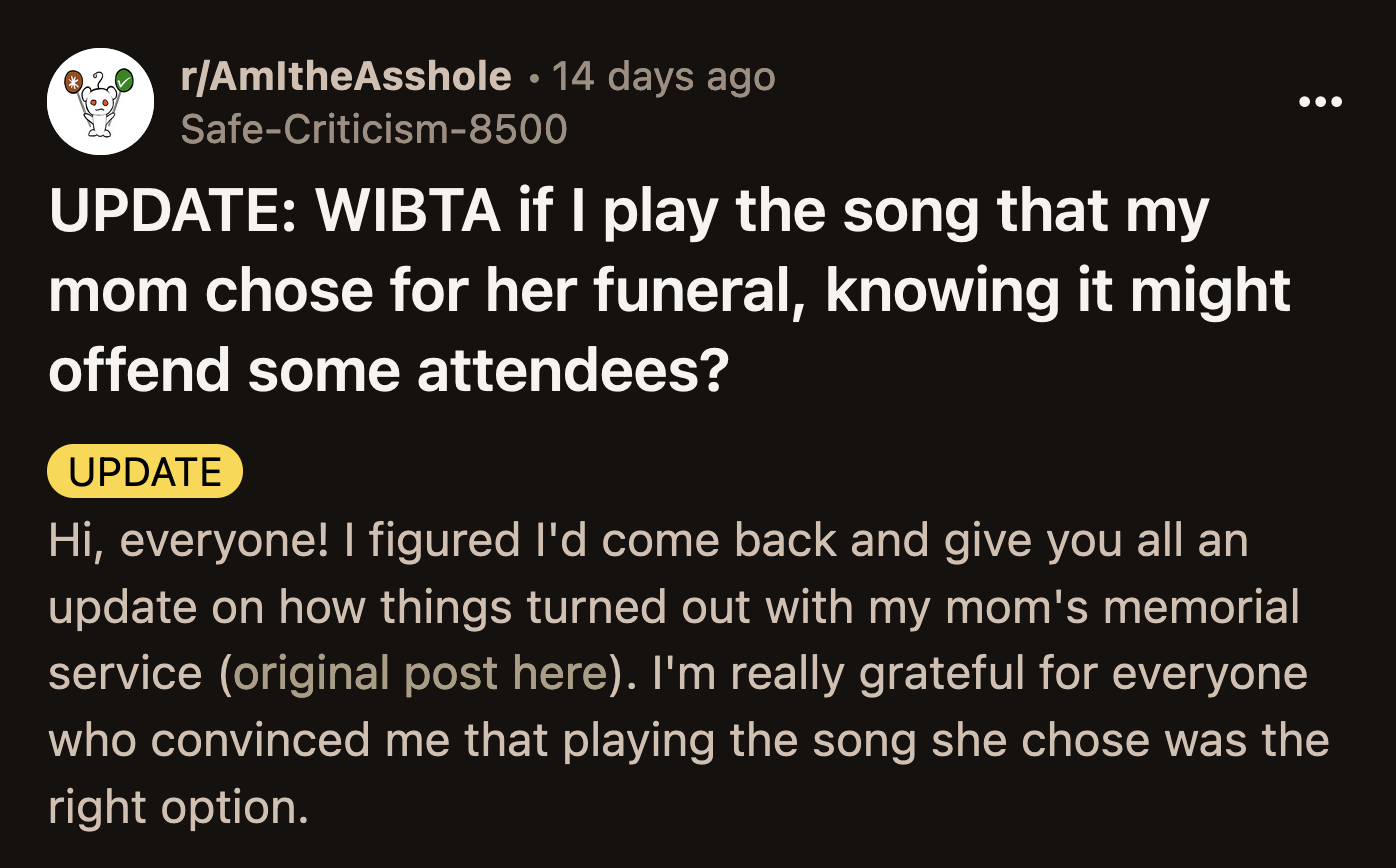 OP posted an update more than three months after their original AITA post to share what happened at their mom's funeral.