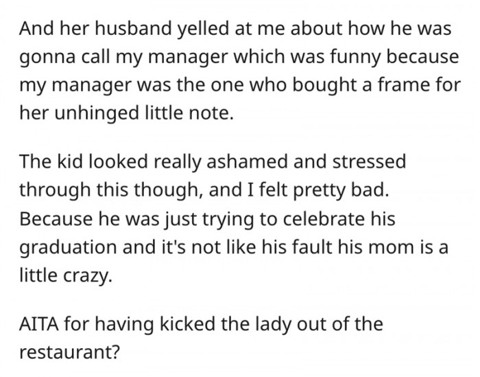 OP felt she went too far by ruining the kid's graduation party and decided to get the Reddit community's opinions on the matter.