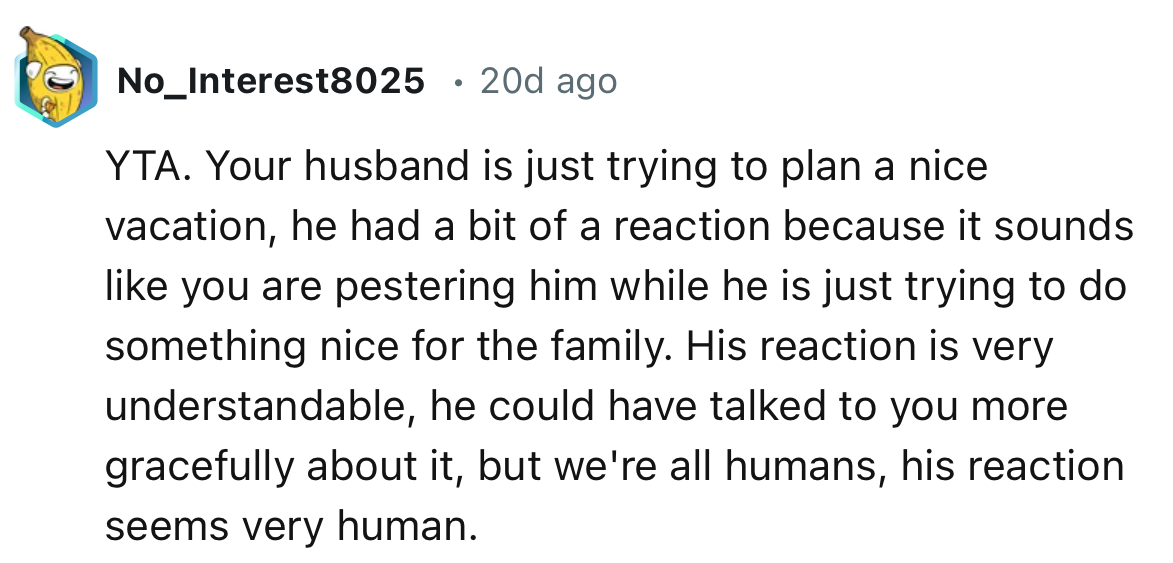 12. “Your husband is just trying to plan a nice vacation, he had a bit of a reaction because it sounds like you are pestering him while he is just trying to do something nice for the family.”