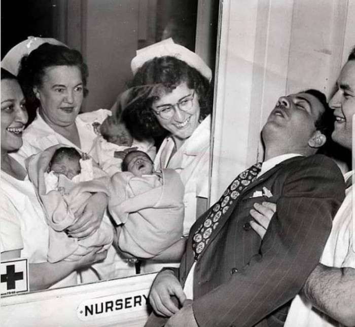 31. Father passes out when he meets his triplets for the first time, 1946.