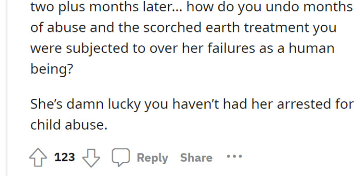 But still, she has a long way to go to be accountable for the bad things she did to her child.