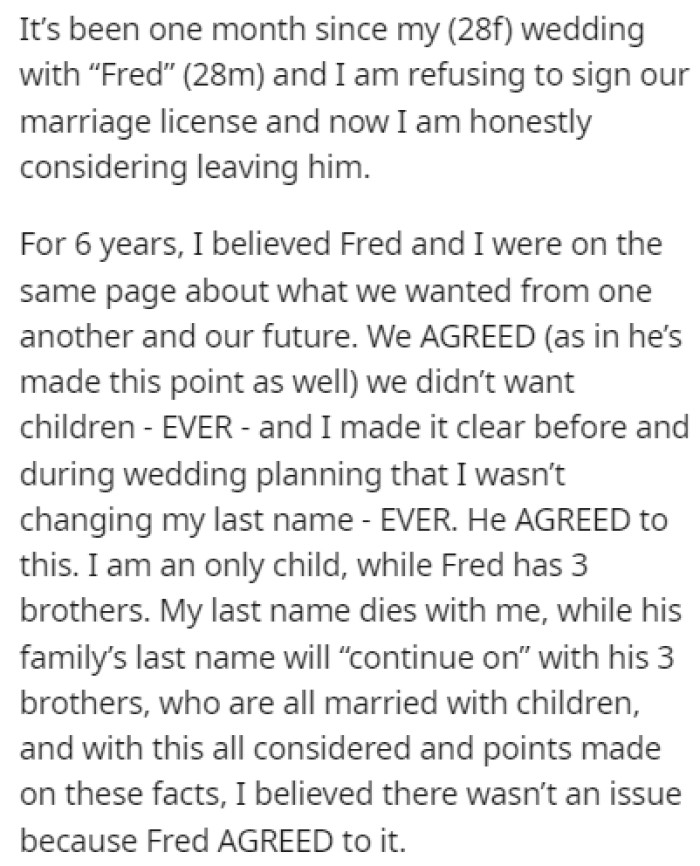 It's been a month since OP had her wedding, but she still hasn't signed their marriage license