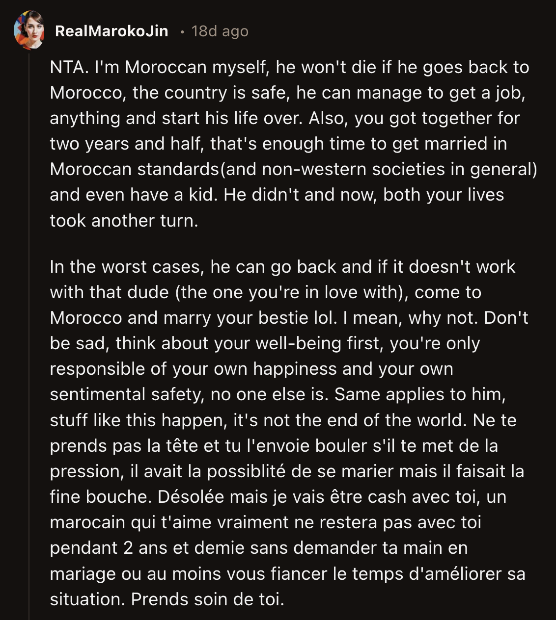 Translated, the last part advised OP to prioritize themselves and send their ex-BF packing. They said it wasn't OP's fault their ex made the wrong decision when they first proposed.