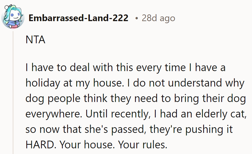NTA. Stop dogging OP's party plans! It's their house, their rules—no furry plus-ones allowed.