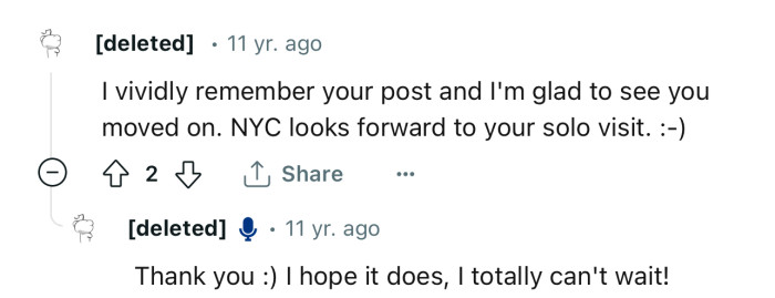 “I'm glad to see you moved on. NYC looks forward to your solo visit.”