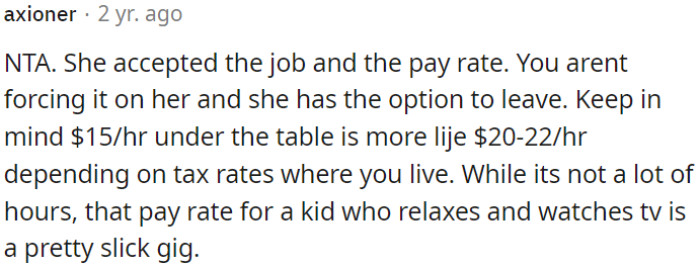 Given the relatively low number of hours and the nature of the job, which involves relaxation and watching TV, this seems like a favorable opportunity.
