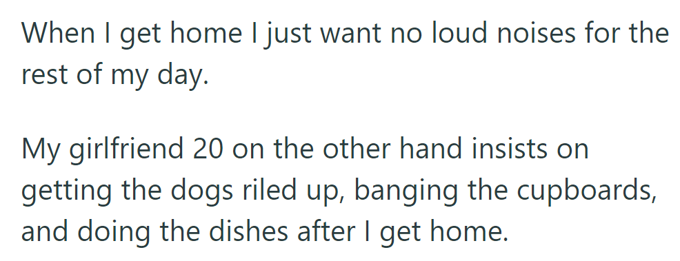 At home, OP wants quiet after work, but his girlfriend prefers noisy activities.