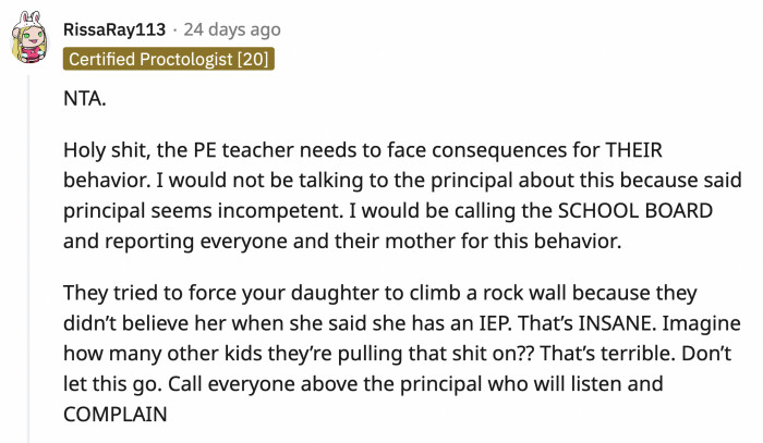 The only deplorable behavior was displayed by the PE teacher and the school principal.