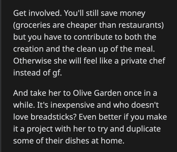 It's better for their relationship if OP participates instead of sitting on his ass while she works