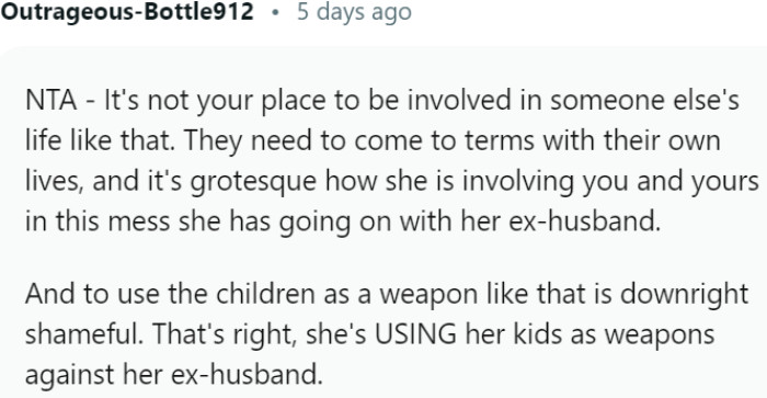 Boundaries crossed in interfering with others' lives and using children as weapons