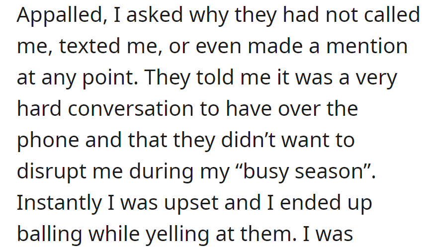After finding out her cat had died, she learned that her upset parents delayed the news due to a busy season, which led to an emotional reaction.