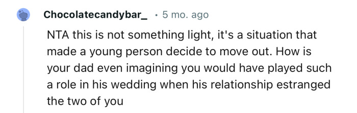 “How is your dad even imagining you would have played such a role in his wedding when his relationship estranged the two of you?”