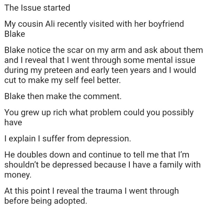 The OP reveals that they went through some mental issues during their preteen and early teen years and would cut to feel better